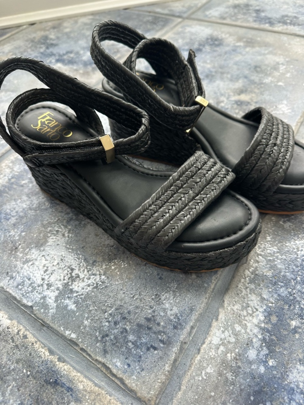 Franco Sarto Black Braided Platform Wedge Sandals
